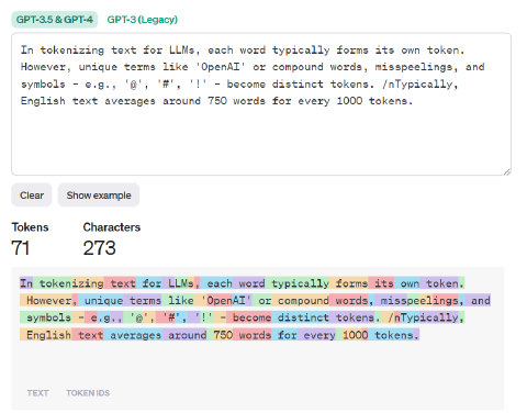 A visual example of how text is broken up into tokens for LLMs.