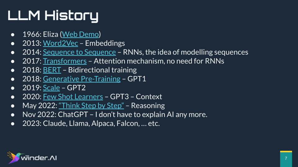 A slide listing the history of LLMs