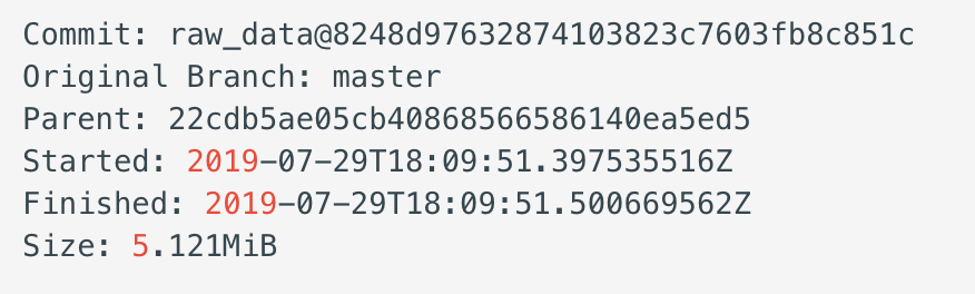 An example of Pachyderm’s commit information.