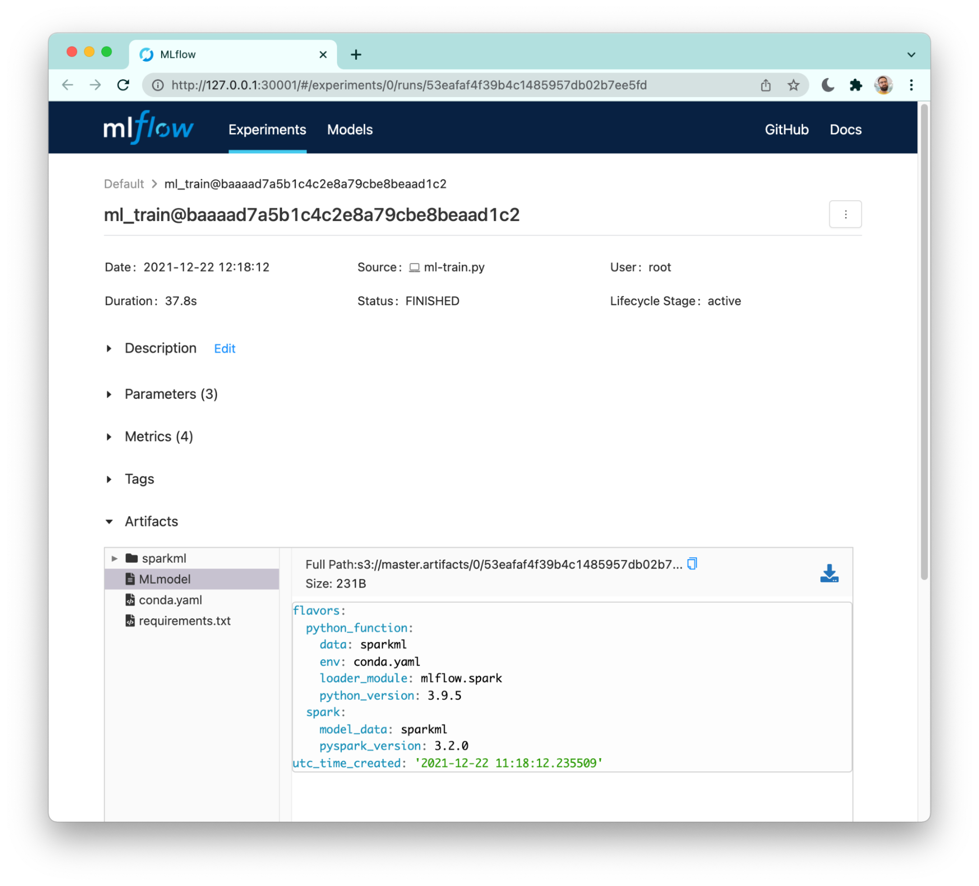 A screenshot of the MLFlow UI with Pachyderm commit information.