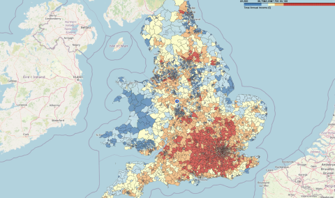 A geographic visualization of the average income in England and Wales