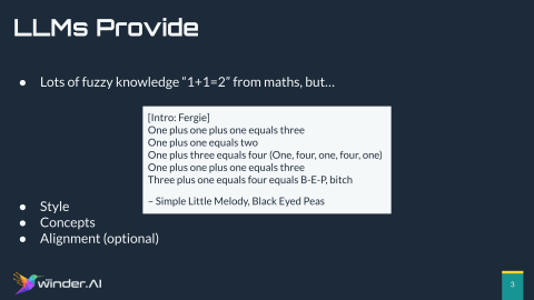A list of functionalities that LLMs provide and some training data.
